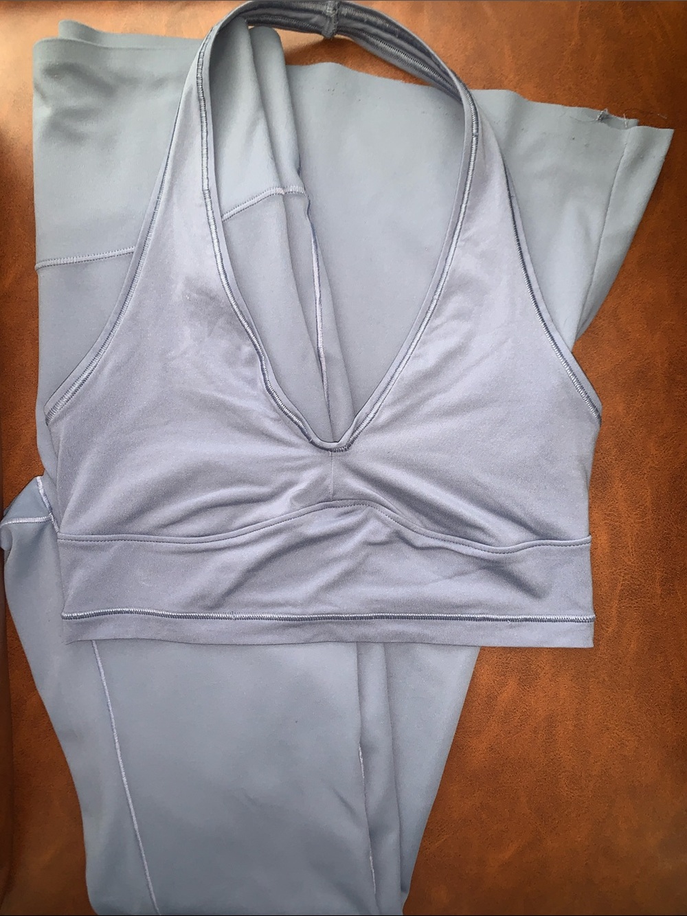 VS-PINK Light Blue Halter Sports Bra and Flared Leggings Set